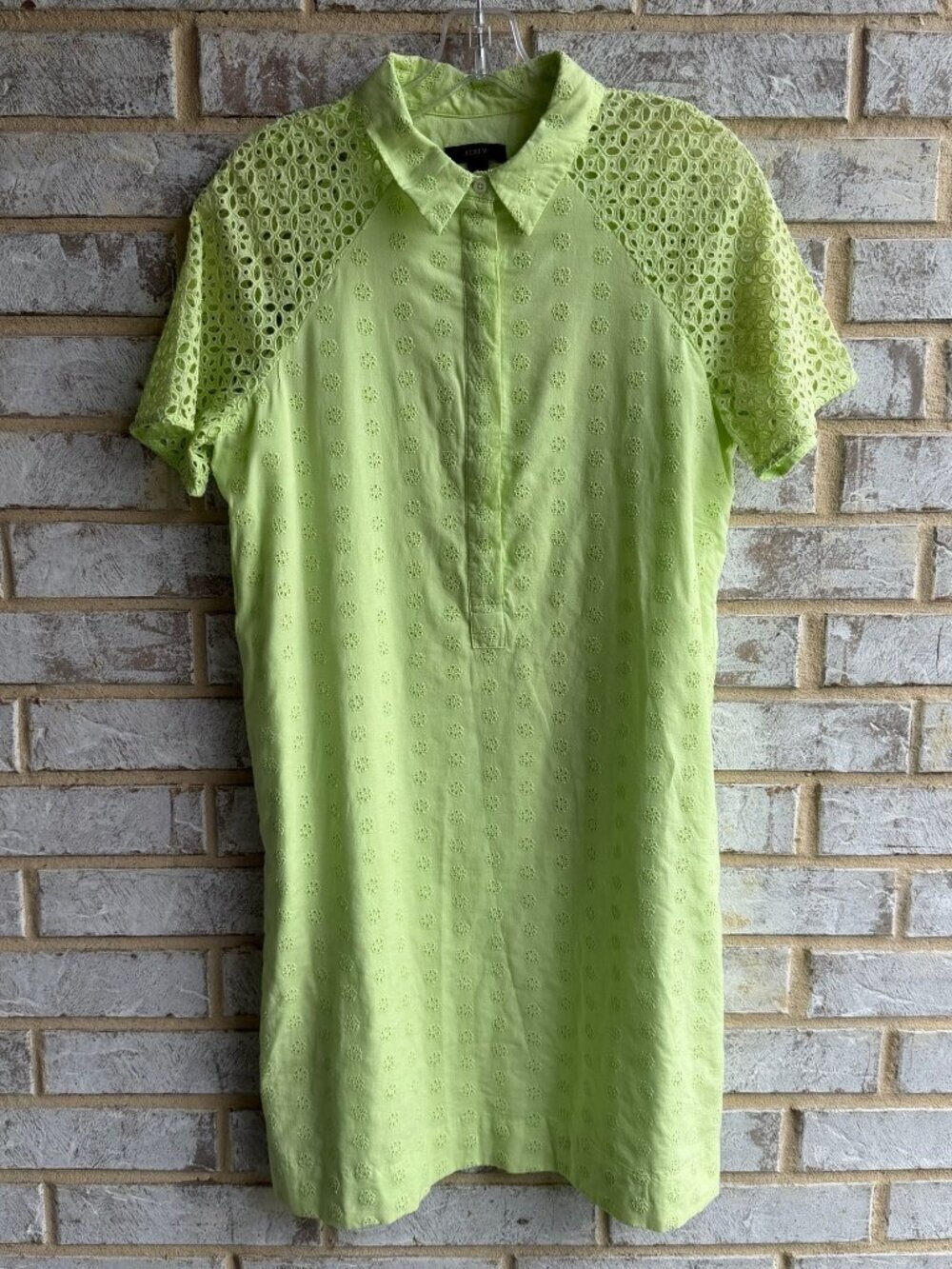 J. Crew Short Sleeve Button Collared Eyelet Lace Kiwi Green Shirt Dress Size 4